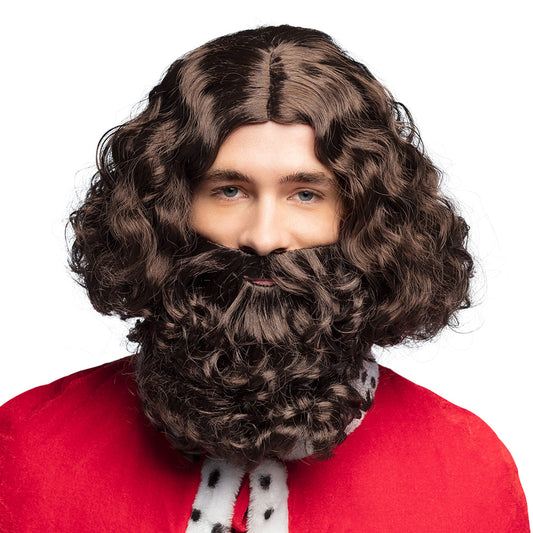 Perruque et Barbe Roi Médiéval Brun Foncé avec Accessoires