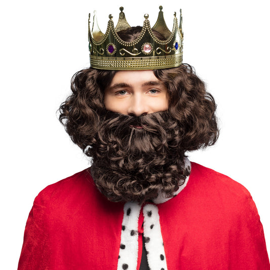 Perruque et Barbe Roi Médiéval Brun Foncé avec Accessoires