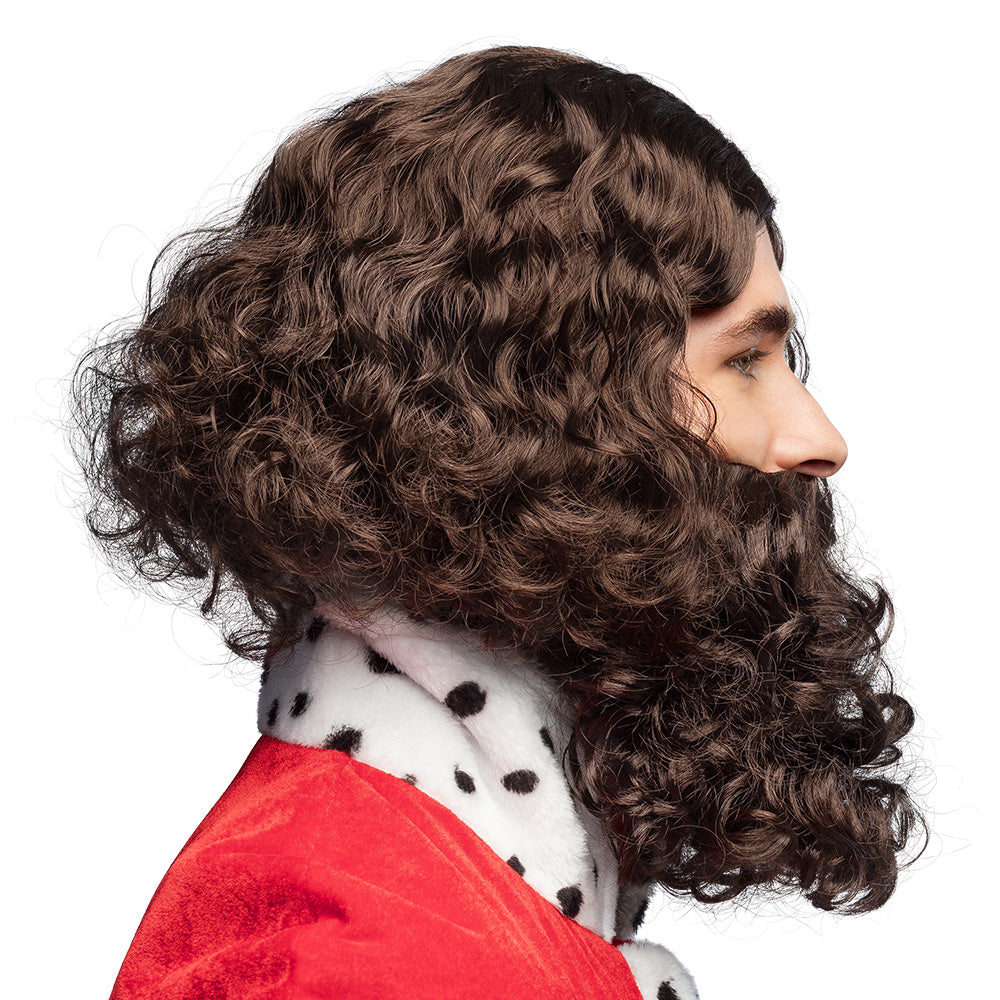 Perruque et Barbe Roi Médiéval Brun Foncé avec Accessoires