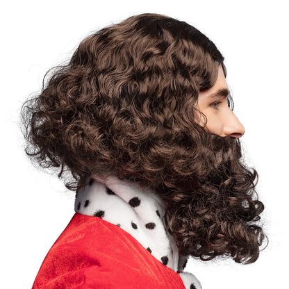 Perruque et Barbe Roi Médiéval Brun Foncé avec Accessoires