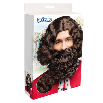 Perruque et Barbe Roi Médiéval Brun Foncé avec Accessoires