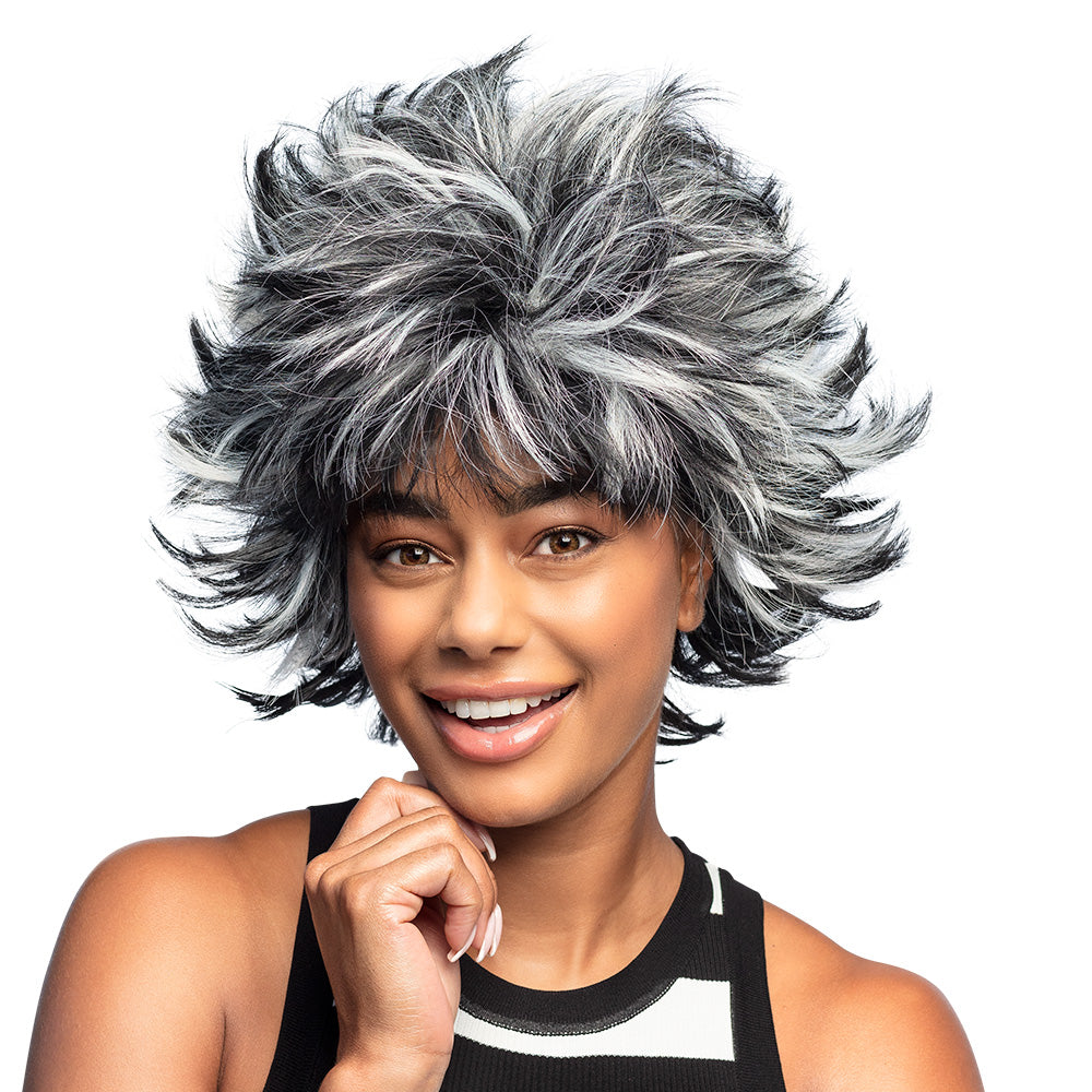 Perruque Courte Grise et Noire Années 80 - Cheveux Volumineux