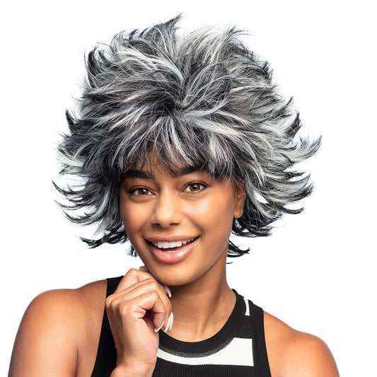 Perruque Courte Grise et Noire Années 80 - Cheveux Volumineux