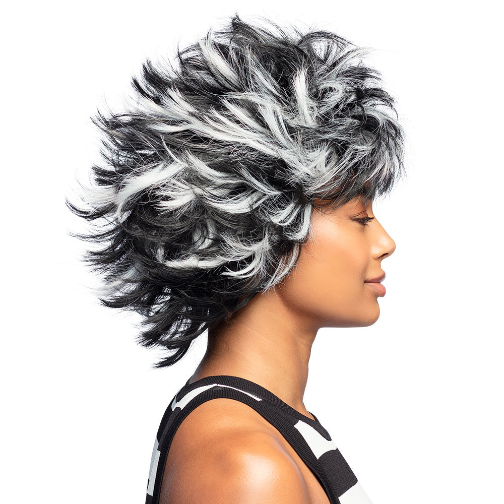 Perruque Courte Grise et Noire Années 80 - Cheveux Volumineux
