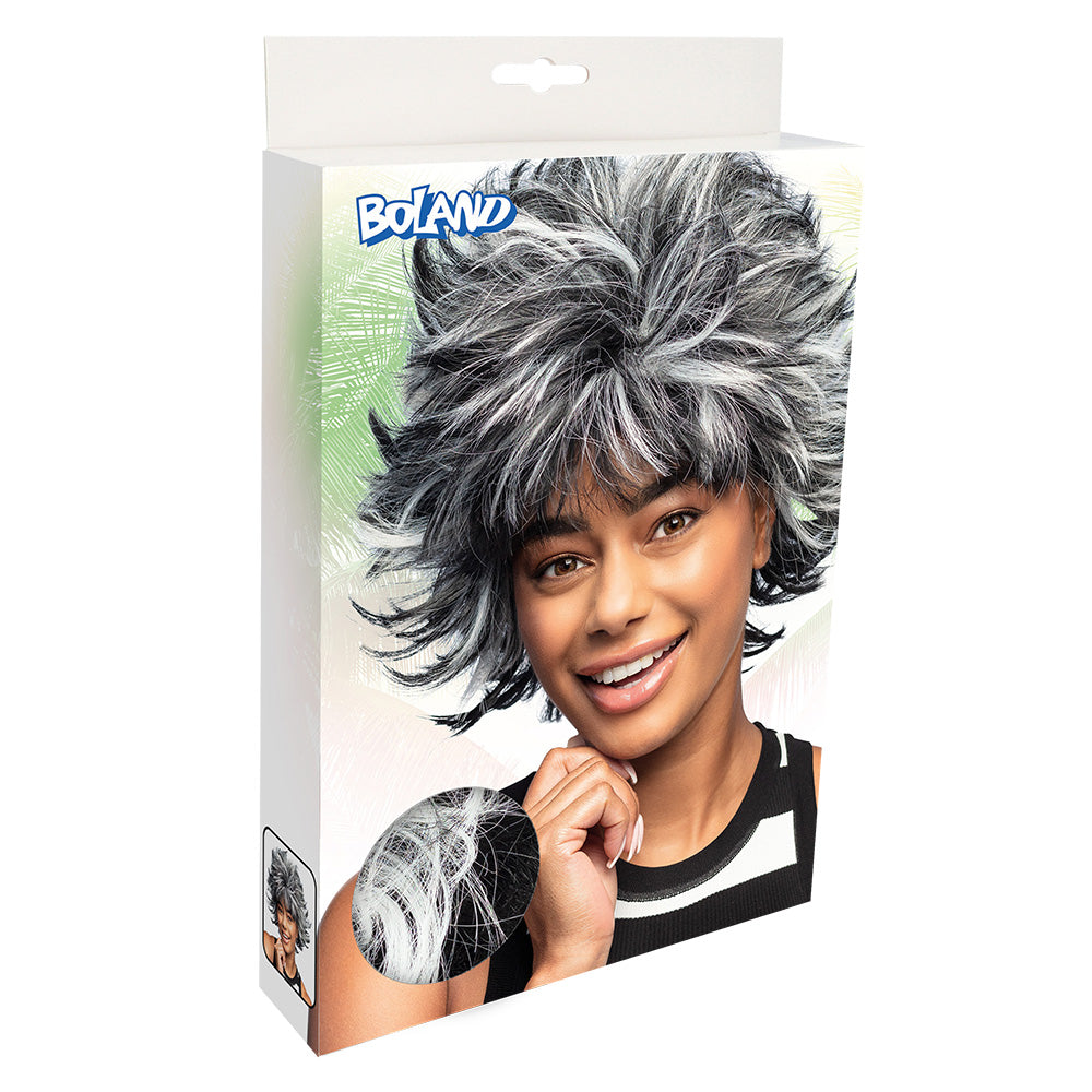 Perruque Courte Grise et Noire Années 80 - Cheveux Volumineux