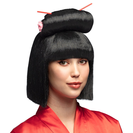 Perruque Asiatique Noire Chignon avec Baguettes et Fleur Rose