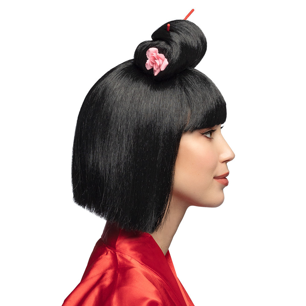 Perruque Asiatique Noire Chignon avec Baguettes et Fleur Rose