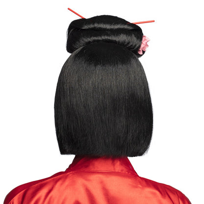 Perruque Asiatique Noire Chignon avec Baguettes et Fleur Rose