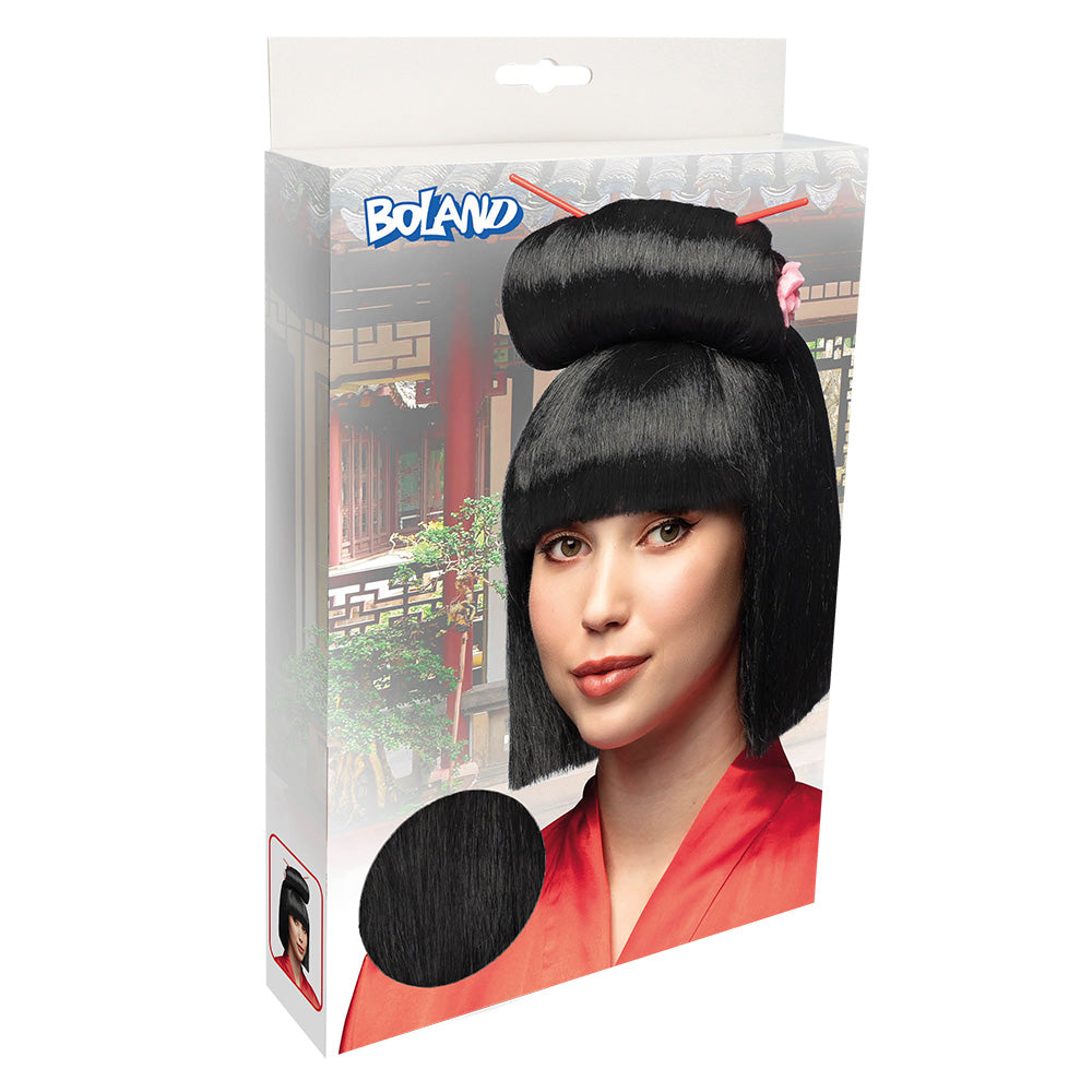 Perruque Asiatique Noire Chignon avec Baguettes et Fleur Rose