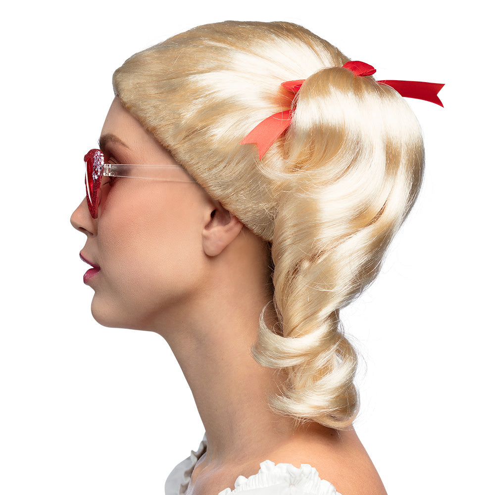 Perruque blonde pigtails avec lunettes cœur rouge - Déguisement