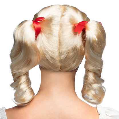 Perruque blonde pigtails avec lunettes cœur rouge - Déguisement