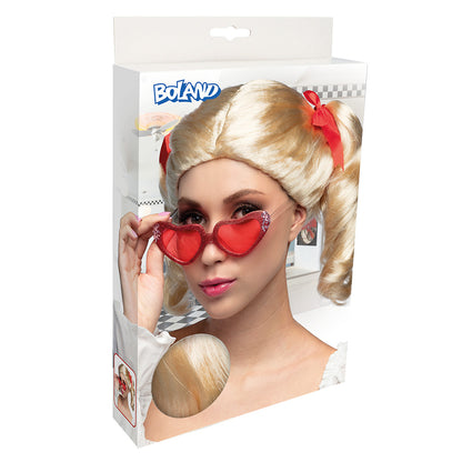 Perruque blonde pigtails avec lunettes cœur rouge - Déguisement
