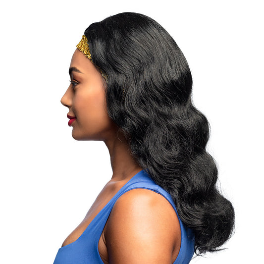 Perruque Ondulée Noire Longue avec Bandeau Paillettes Or