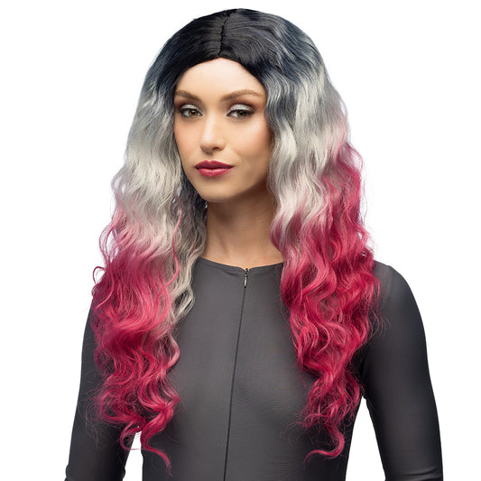 Perruque Longue Ondulée Ombré Noir Gris Rose - Déguisement Fantaisie