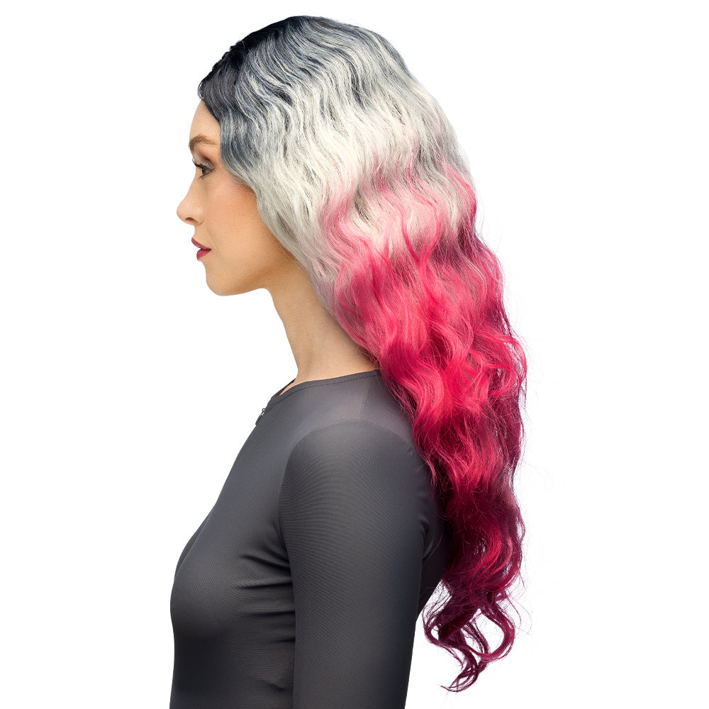 Perruque Longue Ondulée Ombré Noir Gris Rose - Déguisement Fantaisie
