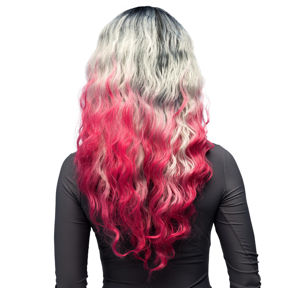 Perruque Longue Ondulée Ombré Noir Gris Rose - Déguisement Fantaisie