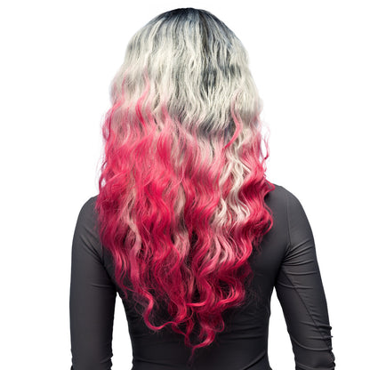Perruque Longue Ondulée Ombré Noir Gris Rose - Déguisement Fantaisie