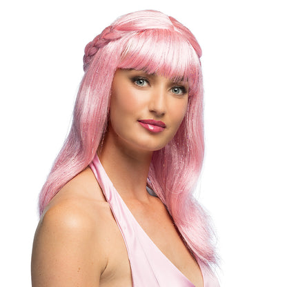 Perruque Longue Rose Pâle avec Tresse - Déguisement Fantaisie