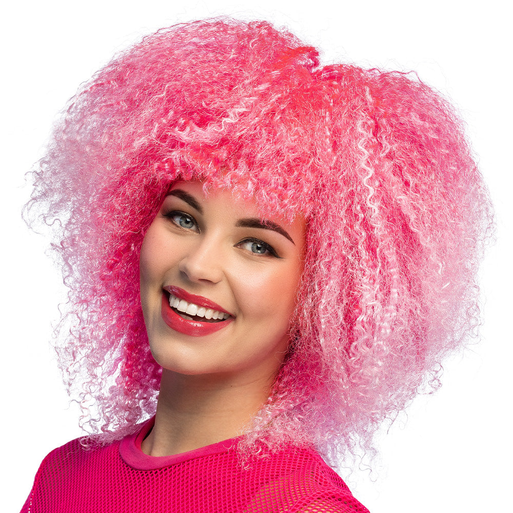 Perruque Bouclée Rose Fluo Années 80 - Accessoire de Fête