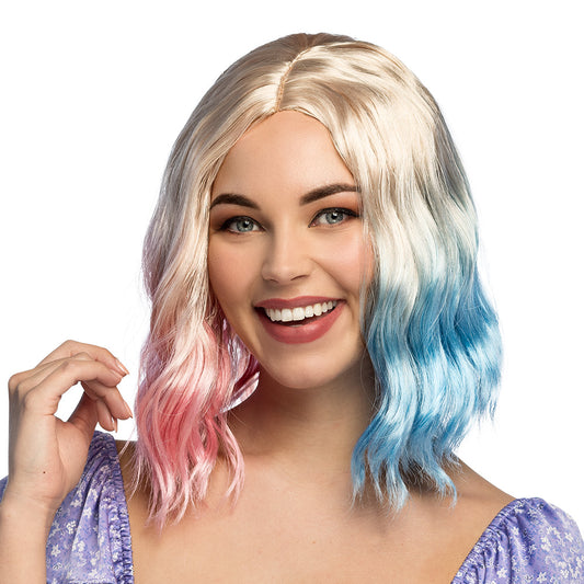 Perruque Multicolore Ondulée - Rose, Bleu et Blond Platine
