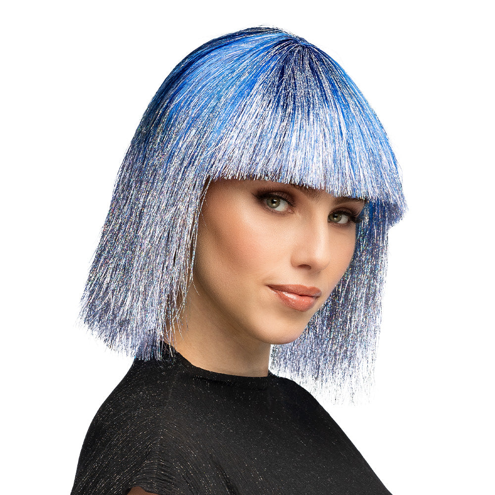 Perruque Bleu et Argent Holographique avec Frange - Déguisement Futuriste