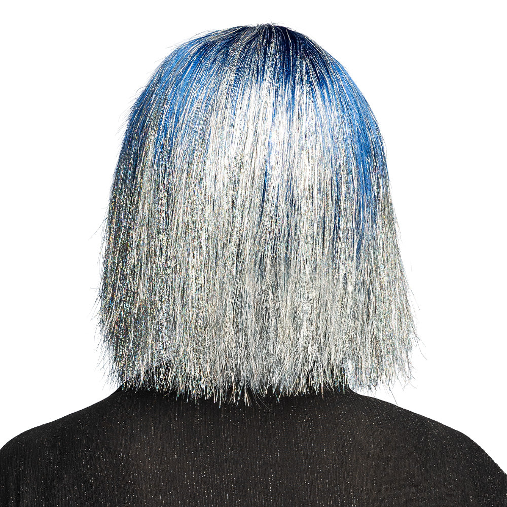Perruque Bleu et Argent Holographique avec Frange - Déguisement Futuriste