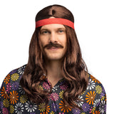 Perruque Hippie Marron avec Bandeau Rouge et Moustache