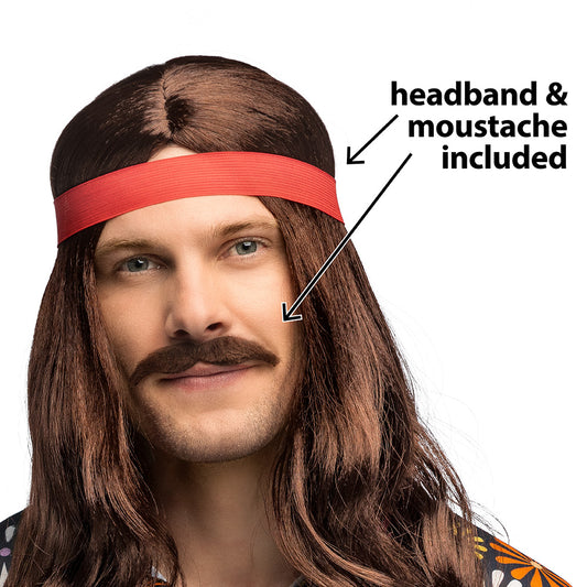 Perruque Hippie Marron avec Bandeau Rouge et Moustache
