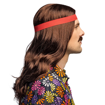 Perruque Hippie Marron avec Bandeau Rouge et Moustache