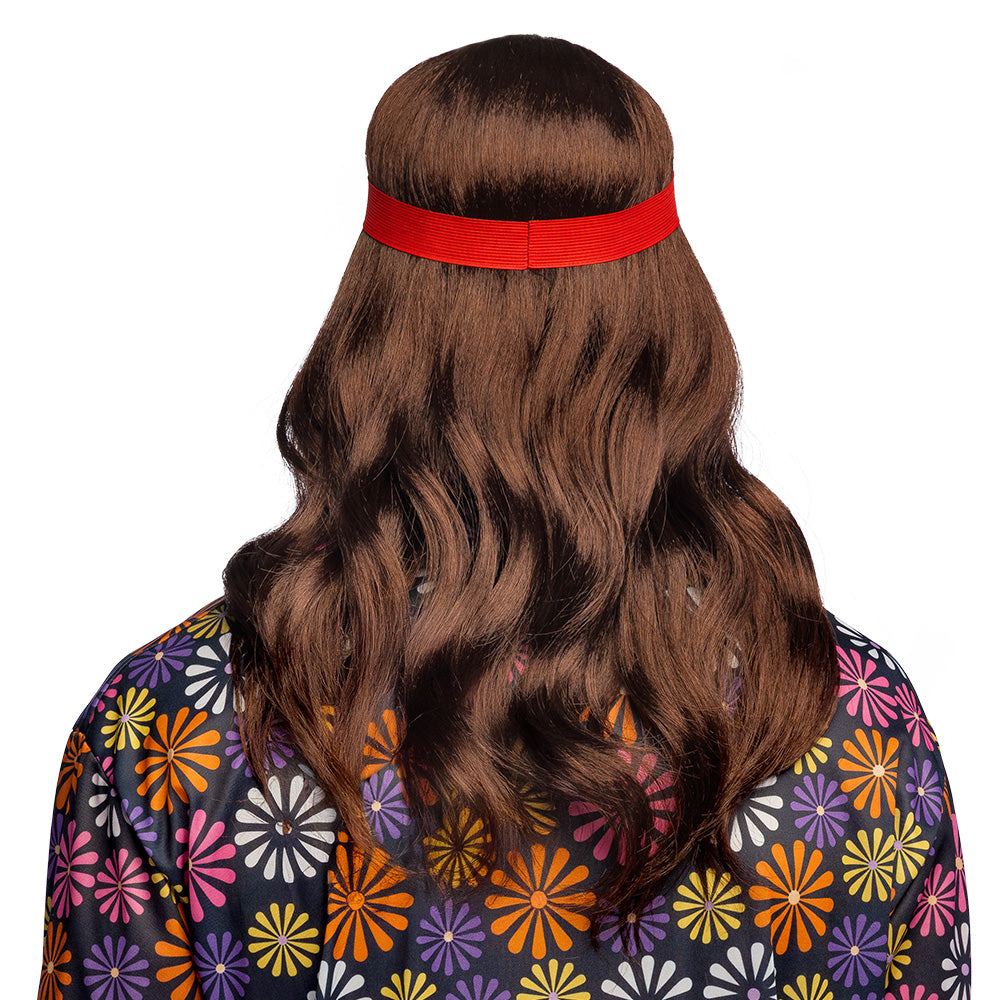 Perruque Hippie Marron avec Bandeau Rouge et Moustache