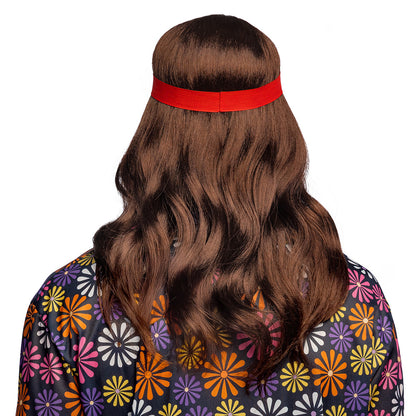 Perruque Hippie Marron avec Bandeau Rouge et Moustache