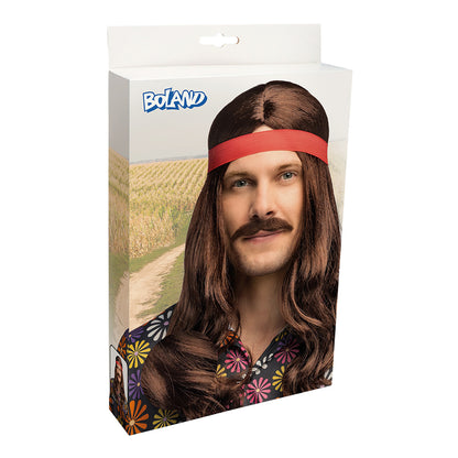 Perruque Hippie Marron avec Bandeau Rouge et Moustache