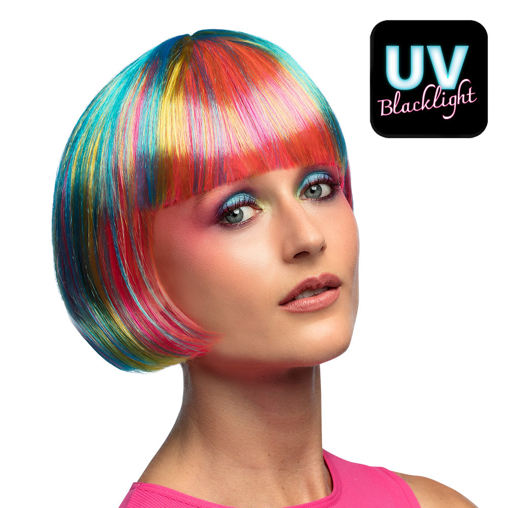 Perruque Multicolore UV Blacklight Bob à Frange | Déguisement Rave