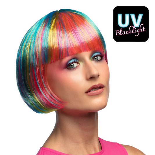 Perruque Multicolore UV Blacklight Bob à Frange | Déguisement Rave