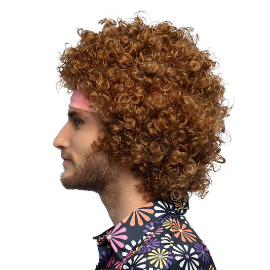 Perruque Bouclée Marron Années 70 avec Bandeau Rose