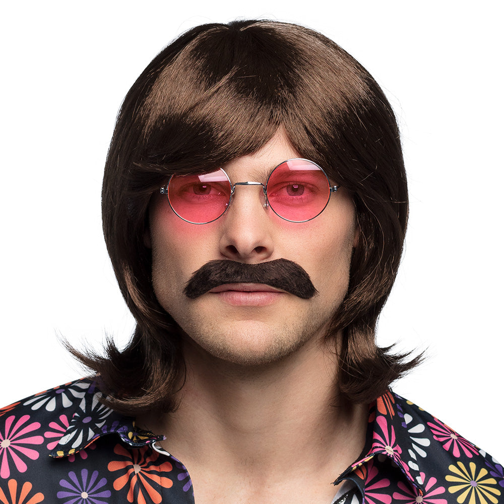 Kit Hippie Années 70 : Perruque, Moustache et Lunettes Roses