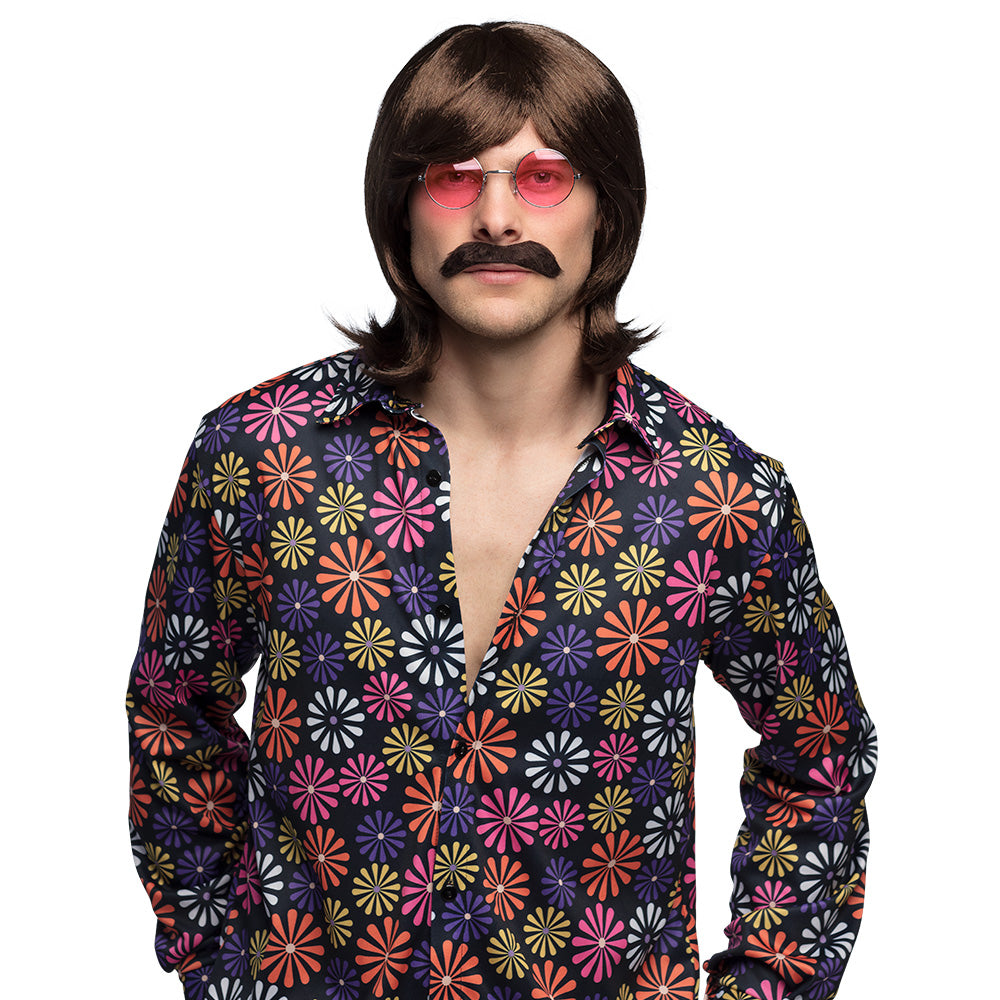 Kit Hippie Années 70 : Perruque, Moustache et Lunettes Roses