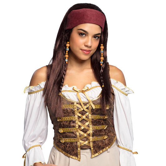 Bandeau Pirate Bordeaux avec Tresses Perle - Accessoire Déguisement