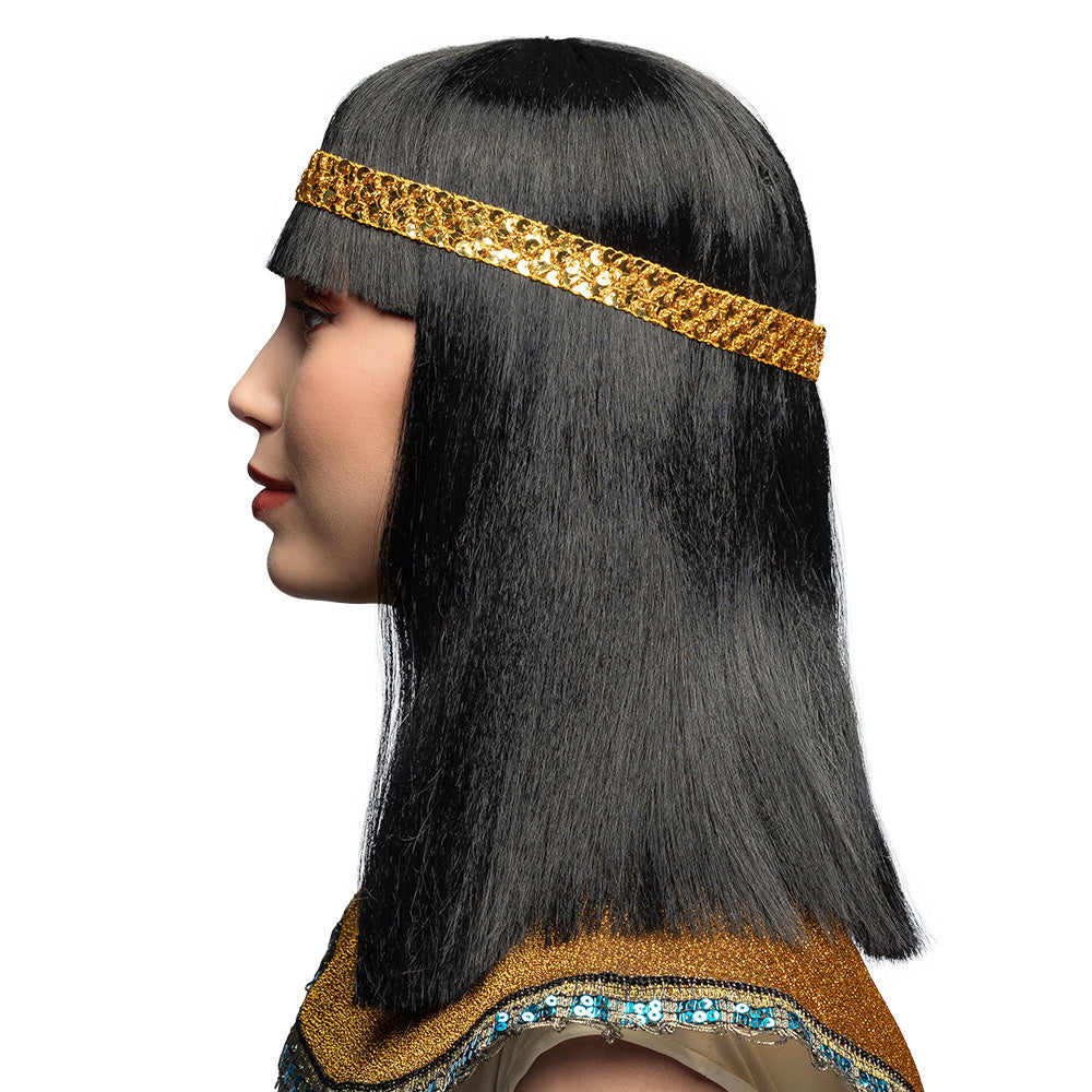 Perruque Égyptienne Noire avec Bandeau Doré - Cléopâtre