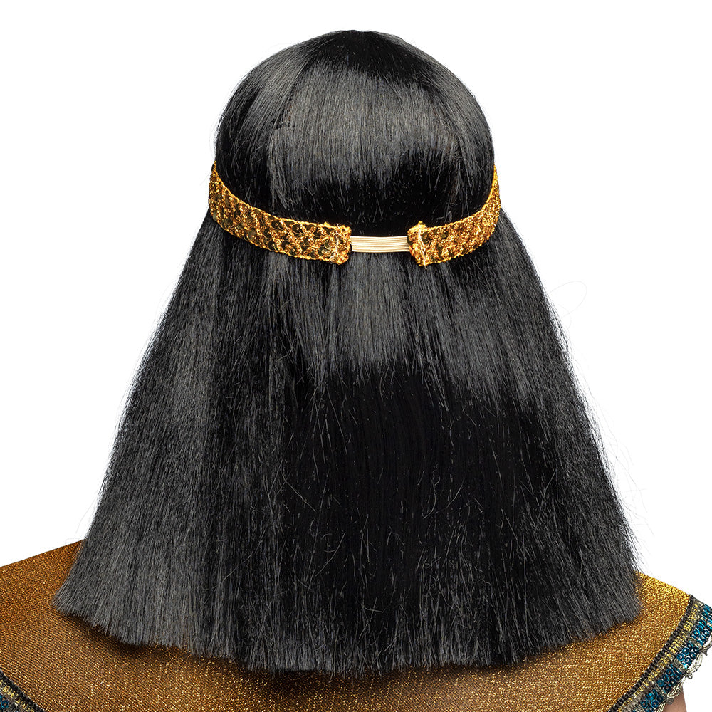 Perruque Égyptienne Noire avec Bandeau Doré - Cléopâtre