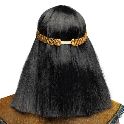 Perruque Égyptienne Noire avec Bandeau Doré - Cléopâtre