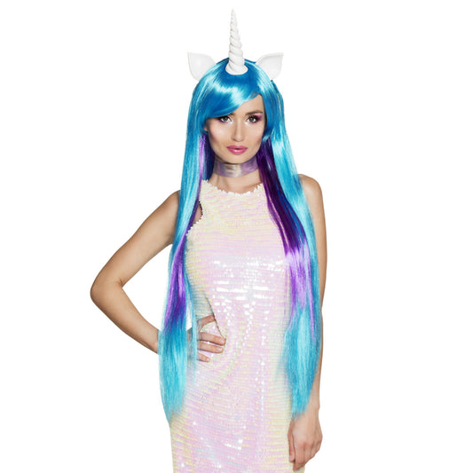 Perruque Licorne Bleue et Violette avec Cornes - Déguisement