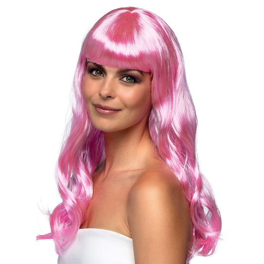 Perruque Rose Longue Ondulée Frangée - Déguisement Cabaret