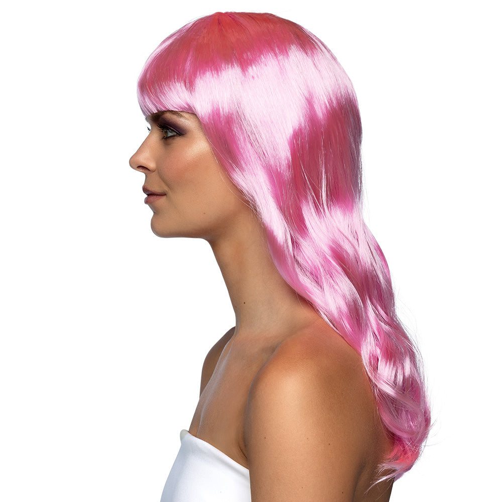 Perruque Rose Longue Ondulée Frangée - Déguisement Cabaret