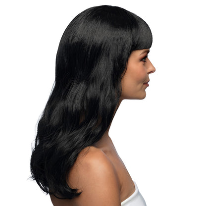 Perruque Longue Noire Ondulée avec Frange - Déguisement Femme