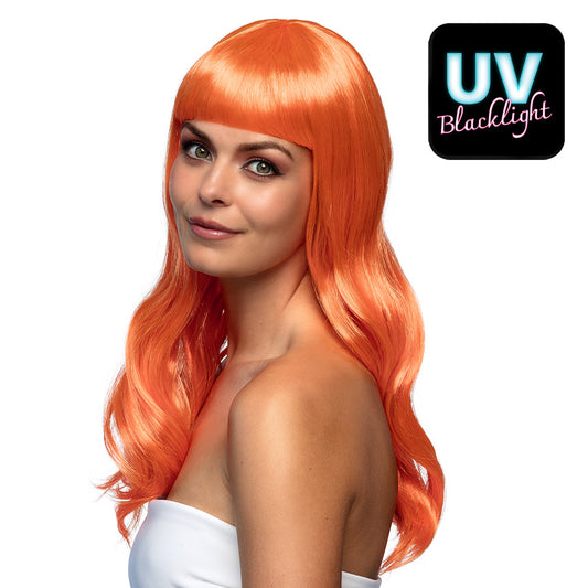 Perruque Orange Longue Cheveux Ondulés Frange - UV Blacklight