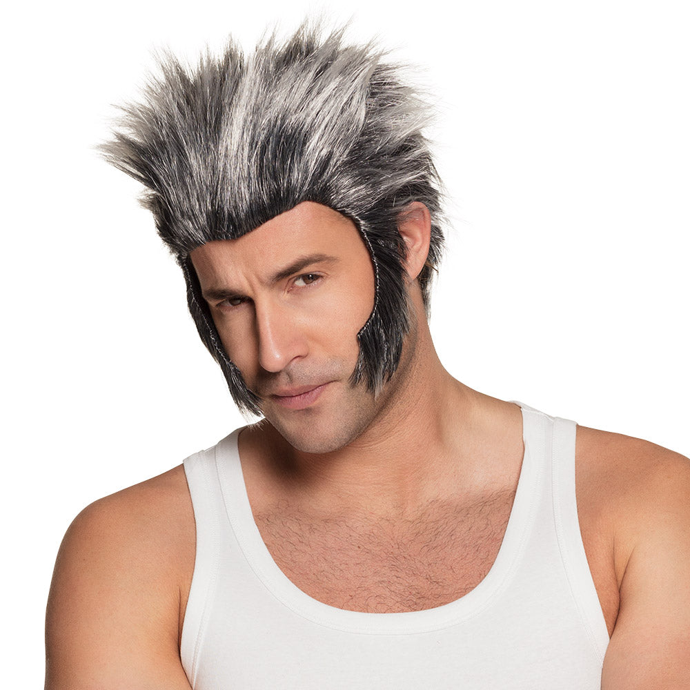 Perruque Punk Rock Homme Gris et Noir - Coiffure Déguisement