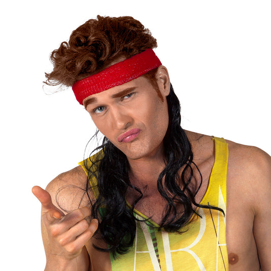 Bandeau rouge et perruque noire longue – Kit déguisement années 80