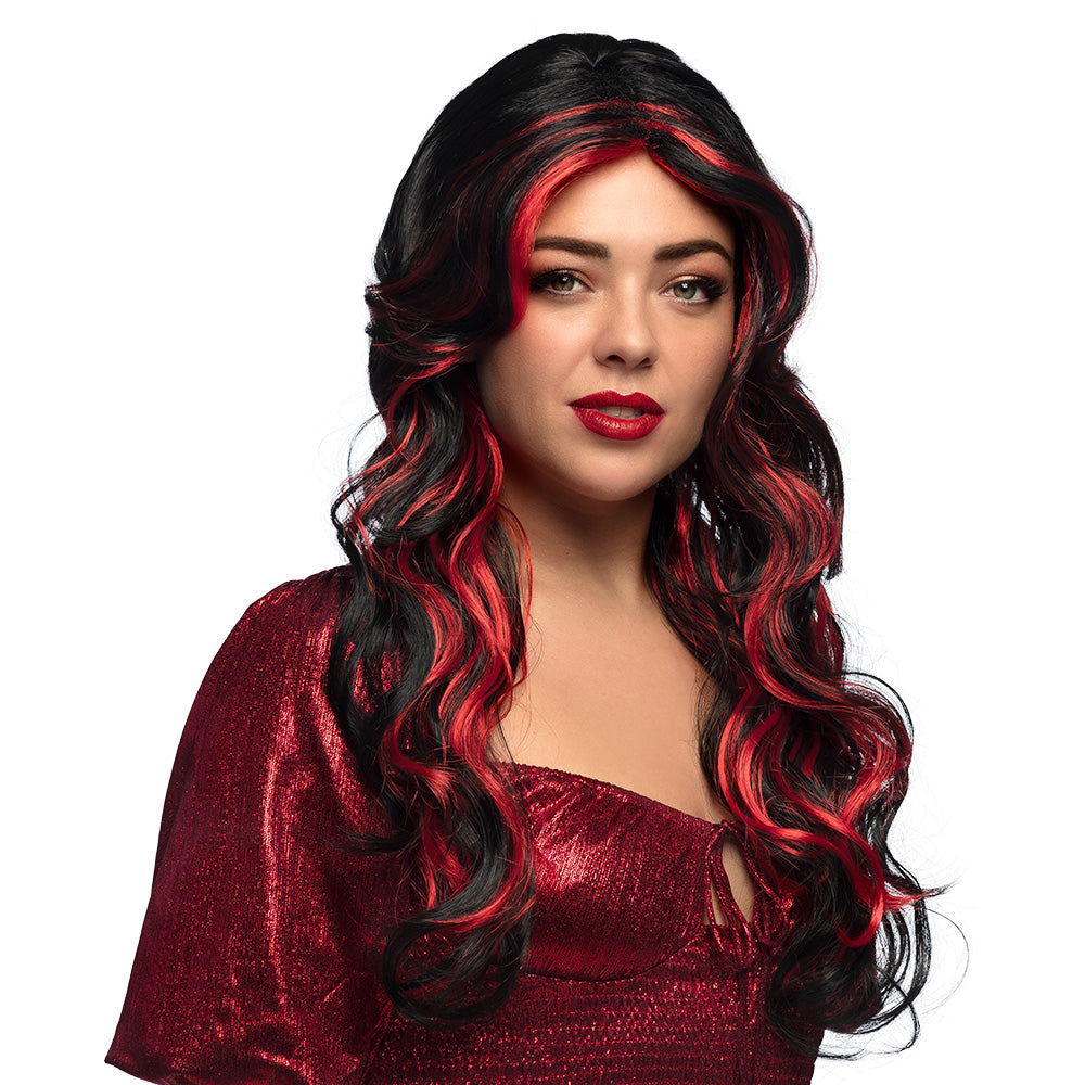 Perruque Longue Ondulée Noir et Rouge - Déguisement Femme
