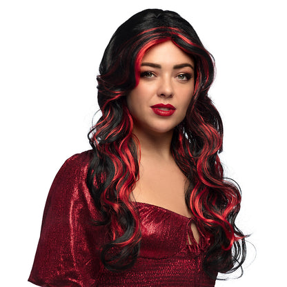 Perruque Longue Ondulée Noir et Rouge - Déguisement Femme